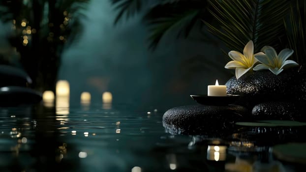 Spa Candles with White Flowers and Warm Glow, Spa Background.