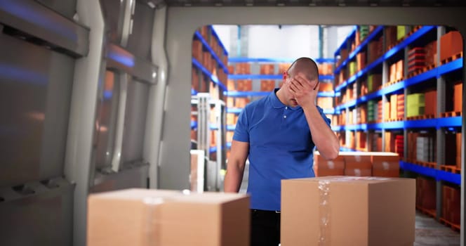 Sad Stressed Delivery Man Loading Van