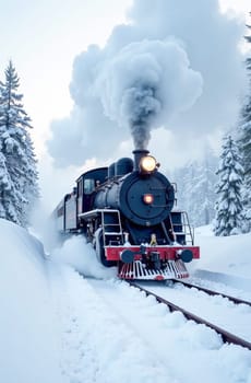 A steam train travels through a snowy landscape. Nostalgia and the charm of vintage transportation. AI-generated.