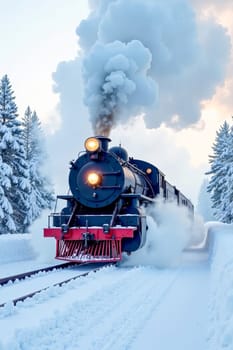 A steam train travels through a snowy landscape. Nostalgia and the charm of vintage transportation. AI-generated.