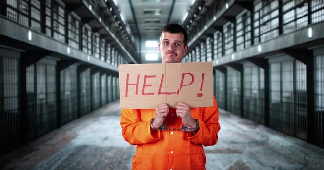 Scary Jail Cell Horror. Prisoner In Handcuffs