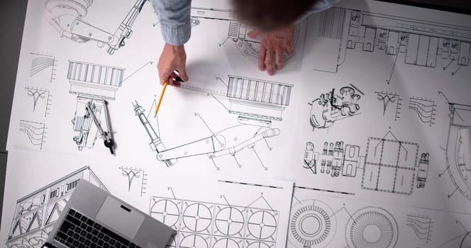 Design Industry And Development. Machine Blueprint At Factory