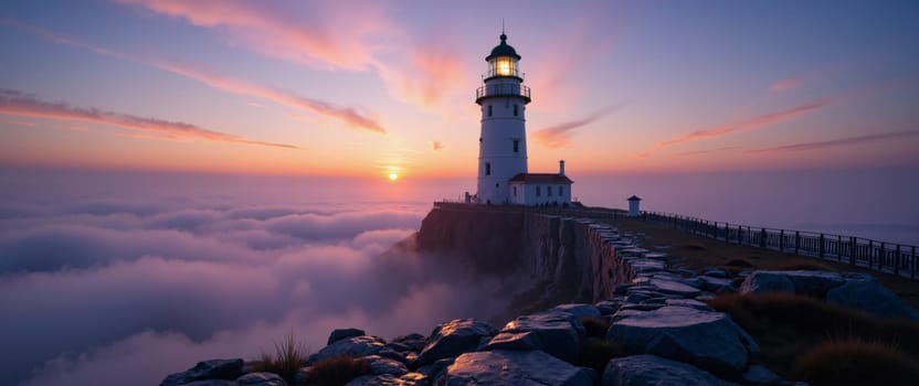A lighthouse is lit up in the distance with the sun setting in the background. The scene is serene and peaceful, with the lighthouse standing tall and proud against the backdrop of the ocean