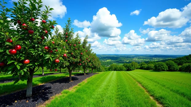 A field of apple trees with a clear blue sky in the background. The trees are full of ripe apples, and the field is lush and green