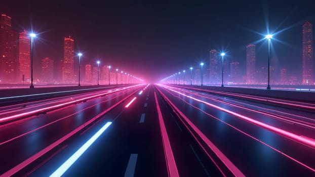 A city street with neon lights and a long road. The lights are red and blue. Scene is futuristic and energetic