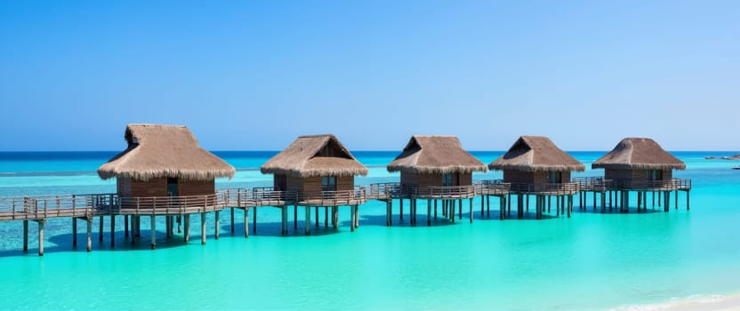 A beach with a wooden pier and a row of small houses. The houses are made of wood and have thatched roofs. The water is calm and blue