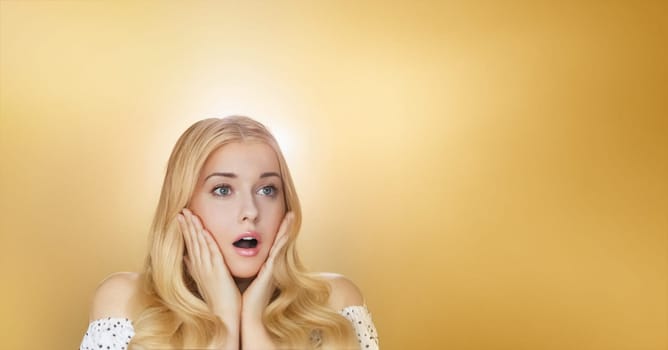 Woman, beauty and surprise, skincare routine and facial expression of amazement. Blonde beautiful woman, glamour, elegance and cosmetic glow, portrait and joyful expression of wonder idea