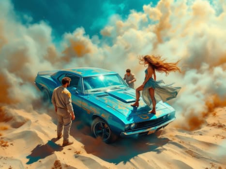 Digital artwork depicting a woman with long hair posing on a vintage muscle car in a desert setting, with two mechanics observing. Ai generated
