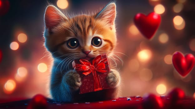 Kitten holding a red Valentine's gift box. Perfect for Valentine's Day, romantic themes, and cute designs.