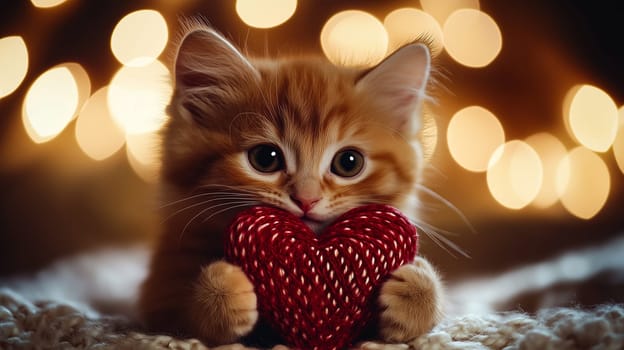 Kitten holding a red Valentine's gift box. Perfect for Valentine's Day, romantic themes, and cute designs.