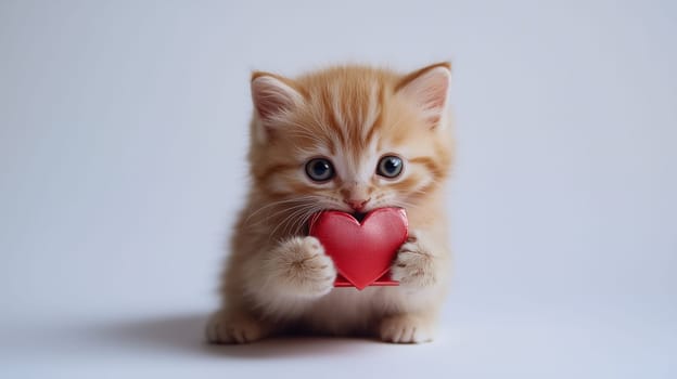 Kitten holding a red Valentine's gift box. Perfect for Valentine's Day, romantic themes, and cute designs.