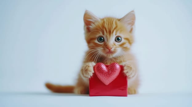 Kitten holding a red Valentine's gift box. Perfect for Valentine's Day, romantic themes, and cute designs.