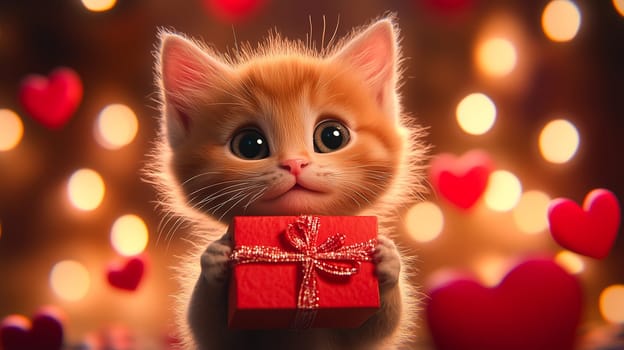 Kitten holding a red Valentine's gift box. Perfect for Valentine's Day, romantic themes, and cute designs.