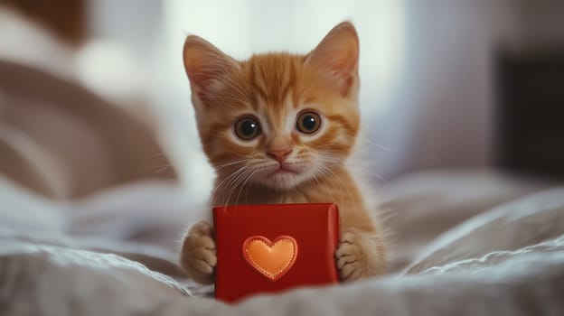 Kitten holding a red Valentine's gift box. Perfect for Valentine's Day, romantic themes, and cute designs.