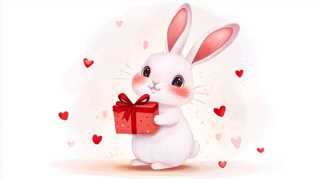 White bunny holding a red Valentine's gift box adorned with hearts, surrounded by floating heart shapes. A delightful and whimsical design perfect for Valentine's Day, greeting cards, and romantic-themed projects.
