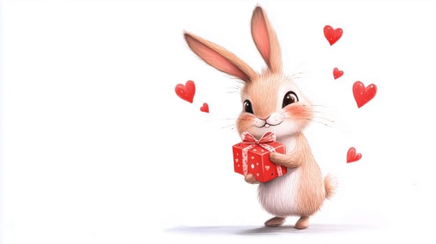 White bunny holding a red Valentine's gift box adorned with hearts, surrounded by floating heart shapes. A delightful and whimsical design perfect for Valentine's Day, greeting cards, and romantic-themed projects.