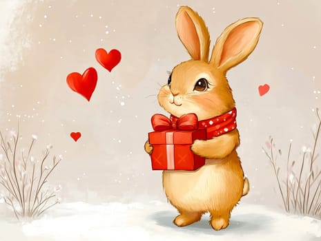 White bunny holding a red Valentine's gift box adorned with hearts, surrounded by floating heart shapes. A delightful and whimsical design perfect for Valentine's Day, greeting cards, and romantic-themed projects.