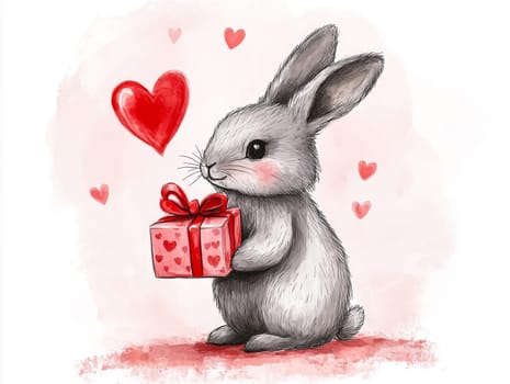 White bunny holding a red Valentine's gift box adorned with hearts, surrounded by floating heart shapes. A delightful and whimsical design perfect for Valentine's Day, greeting cards, and romantic-themed projects.