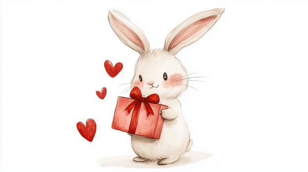 White bunny holding a red Valentine's gift box adorned with hearts, surrounded by floating heart shapes. A delightful and whimsical design perfect for Valentine's Day, greeting cards, and romantic-themed projects.