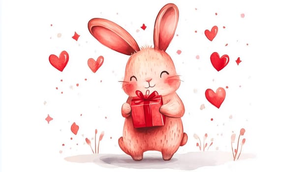White bunny holding a red Valentine's gift box adorned with hearts, surrounded by floating heart shapes. A delightful and whimsical design perfect for Valentine's Day, greeting cards, and romantic-themed projects.