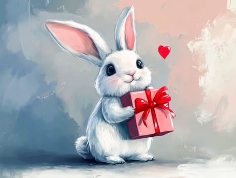 White bunny holding a red Valentine's gift box adorned with hearts, surrounded by floating heart shapes. A delightful and whimsical design perfect for Valentine's Day, greeting cards, and romantic-themed projects.