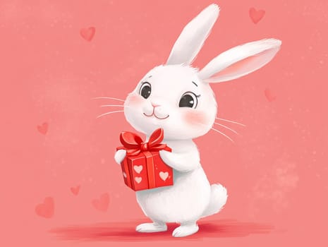 White bunny holding a red Valentine's gift box adorned with hearts, surrounded by floating heart shapes. A delightful and whimsical design perfect for Valentine's Day, greeting cards, and romantic-themed projects.