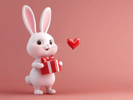 Cute white rabbit holding a gift box with a red ribbon, accompanied by a floating red heart on a soft pink background. Perfect for Valentine's Day, romantic themes, and festive designs.