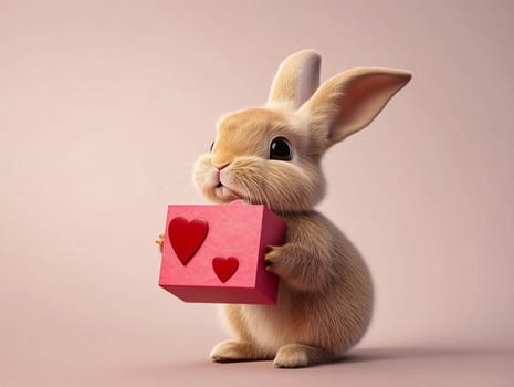 Cute white rabbit holding a gift box with a red ribbon, accompanied by a floating red heart on a soft pink background. Perfect for Valentine's Day, romantic themes, and festive designs.