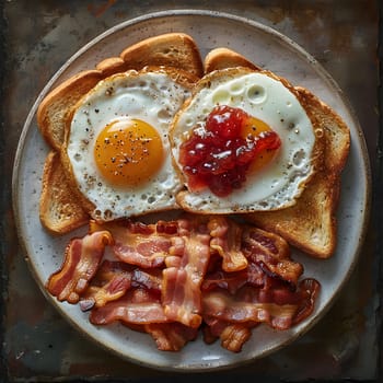 A dish made of two fried eggs on toast topped with bacon and jam, served on a plate. A tasty combination of flavors and ingredients for a delicious meal