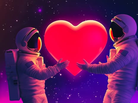 Two astronauts holding a large, shiny red heart in a captivating space setting with a vibrant purple galaxy and distant planets. A unique and romantic concept perfect for Valentine's Day themes, love expressions, and creative projects.
