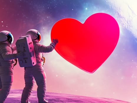 Two astronauts holding a large, shiny red heart in a captivating space setting with a vibrant purple galaxy and distant planets. A unique and romantic concept perfect for Valentine's Day themes, love expressions, and creative projects.