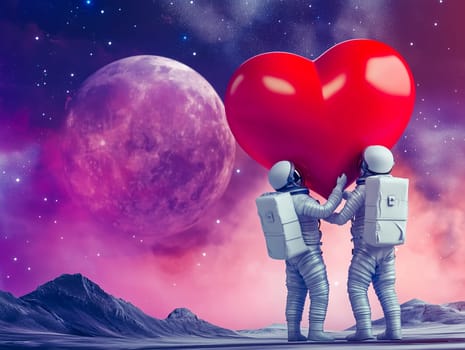 Two astronauts holding a large, shiny red heart in a captivating space setting with a vibrant purple galaxy and distant planets. A unique and romantic concept perfect for Valentine's Day themes, love expressions, and creative projects.