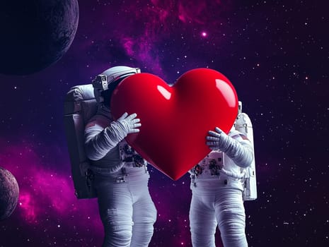 Two astronauts holding a large, shiny red heart in a captivating space setting with a vibrant purple galaxy and distant planets. A unique and romantic concept perfect for Valentine's Day themes, love expressions, and creative projects.