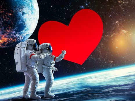 Two astronauts holding a large, shiny red heart in a captivating space setting with a vibrant purple galaxy and distant planets. A unique and romantic concept perfect for Valentine's Day themes, love expressions, and creative projects.