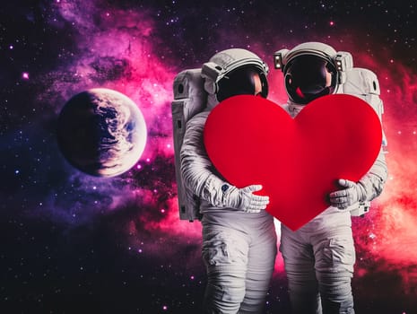 Two astronauts holding a large, shiny red heart in a captivating space setting with a vibrant purple galaxy and distant planets. A unique and romantic concept perfect for Valentine's Day themes, love expressions, and creative projects.