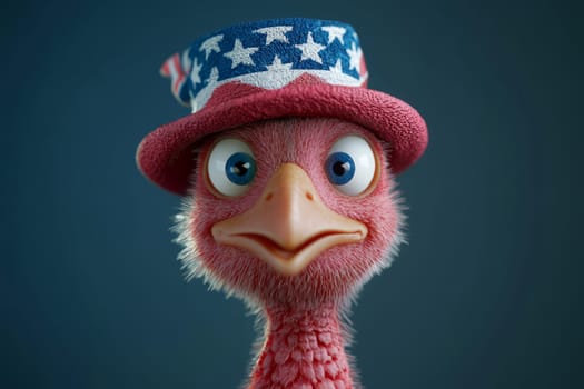 Mascot turkey in american hat with stars and lines
