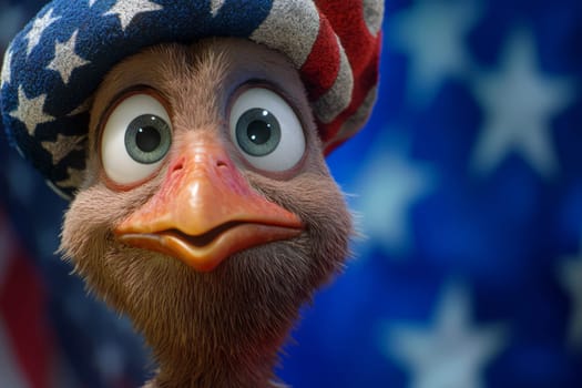 Mascot turkey in american hat with stars and lines