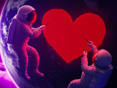 Two astronauts collaboratively painting a red heart against a vibrant cosmic backdrop a starry sky. A creative and romantic depiction of love in the universe, perfect for Valentines Day and sci-fi-themed designs.