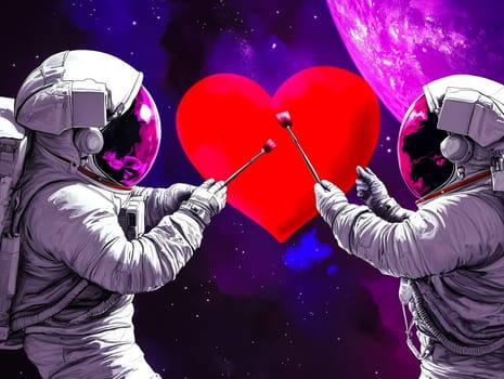 Two astronauts collaboratively painting a red heart against a vibrant cosmic backdrop a starry sky. A creative and romantic depiction of love in the universe, perfect for Valentines Day and sci-fi-themed designs.