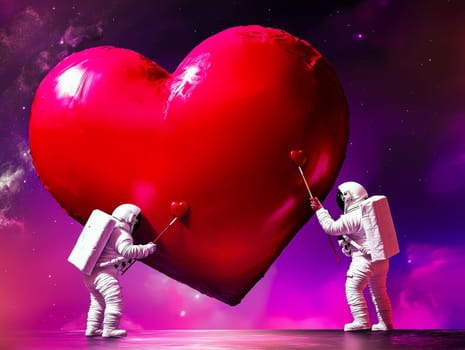 Two astronauts collaboratively painting a red heart against a vibrant cosmic backdrop a starry sky. A creative and romantic depiction of love in the universe, perfect for Valentines Day and sci-fi-themed designs.