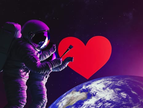 Two astronauts collaboratively painting a red heart against a vibrant cosmic backdrop a starry sky. A creative and romantic depiction of love in the universe, perfect for Valentines Day and sci-fi-themed designs.