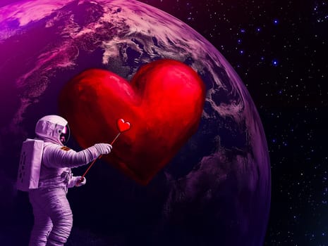 Astronaut painting a red heart against a vibrant cosmic backdrop a starry sky.