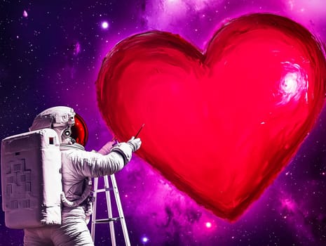 Astronaut painting a red heart against a vibrant cosmic backdrop a starry sky.