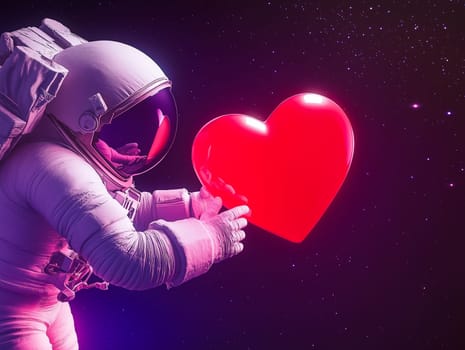 Astronaut painting a red heart against a vibrant cosmic backdrop a starry sky.