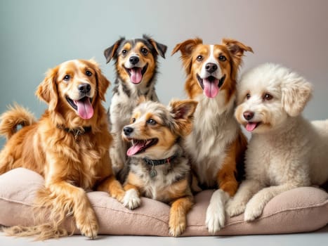 Five joyful dogs of various breeds smiling and panting together on a cozy dog bed, radiating happiness and playful companionship. Ai generated