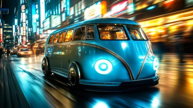 Retro-futuristic van illuminated by neon lights cruising through a vibrant, cityscape at night, blending vintage charm with a modern cyberpunk aesthetic.