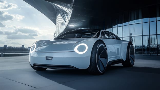Futuristic electric sports car speeding through a modern urban cityscape in broad daylight, showcasing sleek design, innovation, and dynamic motion.
