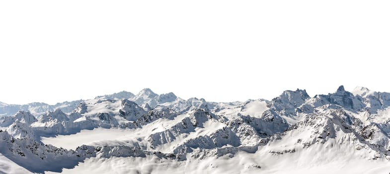 Panorama of winter mountains covered in snow isolated on white background. Mountain peaks in winter