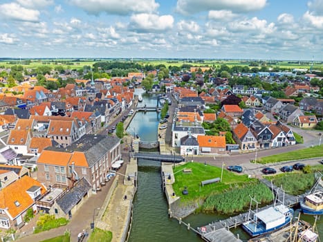 Aerial from the traditional village Makkum in Friesland the Netherlands