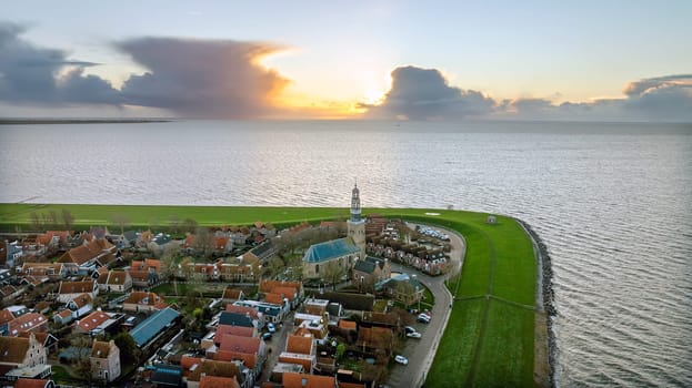 Aerial from the historical town Hindeloopen at the IJsselmeer in the Netherlands